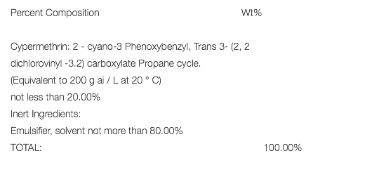 Percent Composition Wt% Cypermethrin: 2 - cyano-3 Phenoxybenzyl, Trans 3- (2, 2 dichlorovinyl -3.2) carboxylate Propane cycle. (Equivalent to 200 g ai / L at 20 ° C) not less than 20.00% Inert Ingredients: Emulsifier, solvent not more than 80.00% TOTAL: 100.00% 