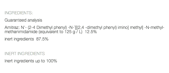  INGREDIENTS: Guaranteed analysis Amitraz: N'- (2-4 Dimethyl phenyl) -N-`[[(2,4 -dimethyl phenyl) imino] methyl] -N-methyl-methanimidamide (equivalent to 125 g / L) 12.5% inert ingredients 87.5% INERT INGREDIENTS Inert ingredients up to 100% 