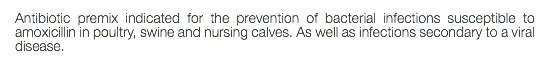 Antibiotic premix indicated for the prevention of bacterial infections susceptible to amoxicillin in poultry, swine and nursing calves. As well as infections secondary to a viral disease.