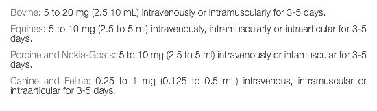Bovine: 5 to 20 mg (2.5 10 mL) intravenously or intramuscularly for 3-5 days. Equines: 5 to 10 mg (2.5 to 5 ml) intravenously, intramuscularly or intraarticular for 3-5 days. Porcine and Nokia-Goats: 5 to 10 mg (2.5 to 5 ml) intravenously or intamuscular for 3-5 days. Canine and Feline: 0.25 to 1 mg (0.125 to 0.5 mL) intravenous, intramuscular or intraarticular for 3-5 days. 