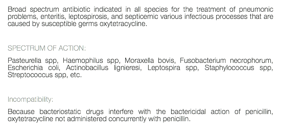 Broad spectrum antibiotic indicated in all species for the treatment of pneumonic problems, enteritis, leptospirosis, and septicemic various infectious processes that are caused by susceptible germs oxytetracycline. SPECTRUM OF ACTION: Pasteurella spp, Haemophilus spp, Moraxella bovis, Fusobacterium necrophorum, Escherichia coli, Actinobacillus lignieresi, Leptospira spp, Staphylococcus spp, Streptococcus spp, etc. Incompatibility: Because bacteriostatic drugs interfere with the bactericidal action of penicillin, oxytetracycline not administered concurrently with penicillin. 