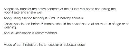  Aseptically transfer the entire contents of the diluent vial bottle containing the lyophilisate and shake well. Apply using aseptic technique 2 mL in healthy animals. Calves vaccinated before 6 months should be revaccinated at six months of age or at weaning. Annual vaccination is recommended. Mode of administration: Intramuscular or subcutaneous. 