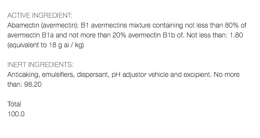  ACTIVE INGREDIENT: Abamectin (avermectin): B1 avermectins mixture containing not less than 80% of avermectin B1a and not more than 20% avermectin B1b of. Not less than: 1.80 (equivalent to 18 g ai / kg) INERT INGREDIENTS: Anticaking, emulsifiers, dispersant, pH adjustor vehicle and excipient. No more than: 98.20 Total 100.0 