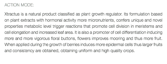 ACTION MODE: Xtractus is a natural product classified as plant growth regulator. Its formulation based on plant extracts with hormonal activity more micronutrients, confers unique and novel properties metabolic level trigger reactions that promote cell division in meristems and cell elongation and increased leaf area. It is also a promoter of cell differentiation inducing more and more vigorous floral buttons, flowers improves mooring and thus more fruit. When applied during the growth of berries induces more epidermal cells thus larger fruits and consistency are obtained, obtaining uniform and high quality crops. 