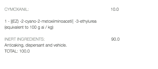  CYMOXANIL: 10.0 1 - [(EZ) -2-cyano-2-metoxiiminoacetil] -3-ethylurea (equivalent to 100 g ai / kg) INERT INGREDIENTS: 90.0 Anticaking, dispersant and vehicle. TOTAL: 100.0 
