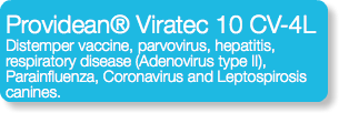 Providean® Viratec 10 CV-4L Distemper vaccine, parvovirus, hepatitis, respiratory disease (Adenovirus type II), Parainfluenza, Coronavirus and Leptospirosis canines.