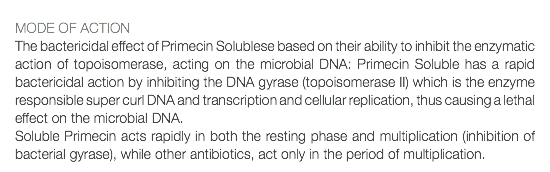  MODE OF ACTION The bactericidal effect of Primecin Solublese based on their ability to inhibit the enzymatic action of topoisomerase, acting on the microbial DNA: Primecin Soluble has a rapid bactericidal action by inhibiting the DNA gyrase (topoisomerase II) which is the enzyme responsible super curl DNA and transcription and cellular replication, thus causing a lethal effect on the microbial DNA. Soluble Primecin acts rapidly in both the resting phase and multiplication (inhibition of bacterial gyrase), while other antibiotics, act only in the period of multiplication.