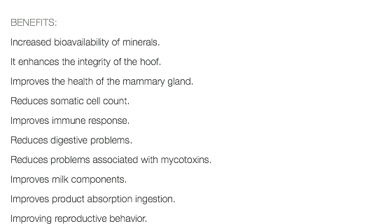  BENEFITS: Increased bioavailability of minerals. It enhances the integrity of the hoof. Improves the health of the mammary gland. Reduces somatic cell count. Improves immune response. Reduces digestive problems. Reduces problems associated with mycotoxins. Improves milk components. Improves product absorption ingestion. Improving reproductive behavior. 