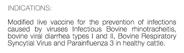 INDICATIONS: Modified live vaccine for the prevention of infections caused by viruses Infectious Bovine rhinotracheitis, bovine viral diarrhea types I and II, Bovine Respiratory Syncytial Virus and Parainfluenza 3 in healthy cattle.