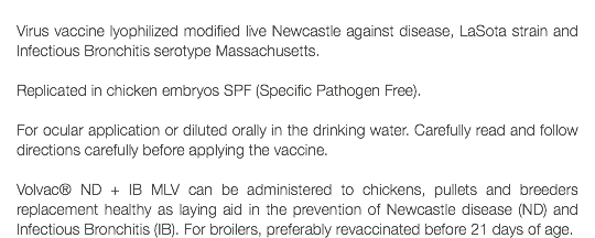  Virus vaccine lyophilized modified live Newcastle against disease, LaSota strain and Infectious Bronchitis serotype Massachusetts. Replicated in chicken embryos SPF (Specific Pathogen Free). For ocular application or diluted orally in the drinking water. Carefully read and follow directions carefully before applying the vaccine. Volvac® ND + IB MLV can be administered to chickens, pullets and breeders replacement healthy as laying aid in the prevention of Newcastle disease (ND) and Infectious Bronchitis (IB). For broilers, preferably revaccinated before 21 days of age.